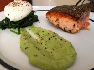 Pan seared salmon and spinach with avocado remoulade