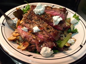Steak salad with goat cheese in soy vinaigrette